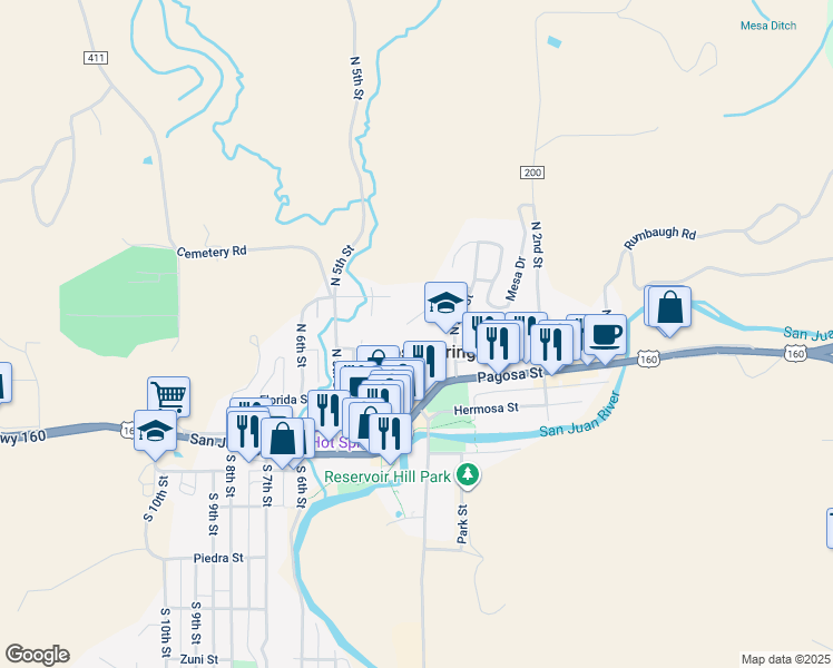 map of restaurants, bars, coffee shops, grocery stores, and more near in Pagosa Springs
