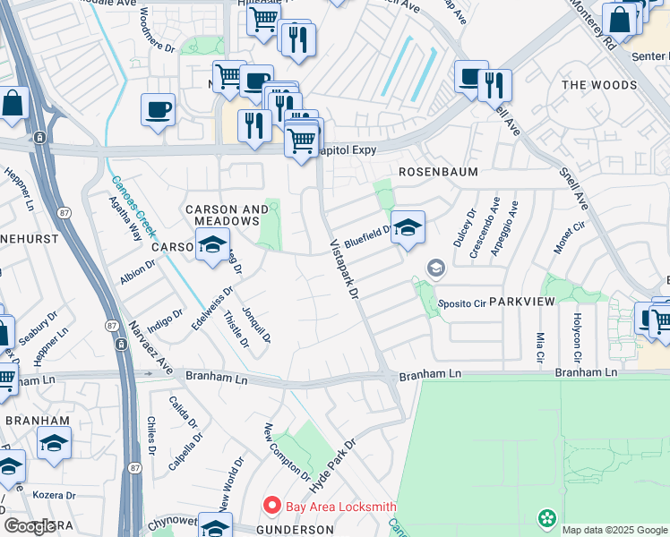 map of restaurants, bars, coffee shops, grocery stores, and more near 412 Bluefield Drive in San Jose