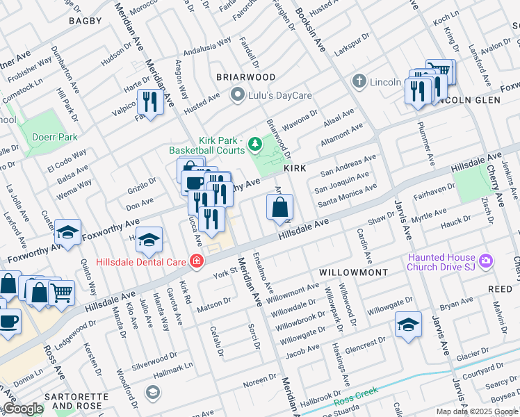 map of restaurants, bars, coffee shops, grocery stores, and more near 1620 Babero Avenue in San Jose