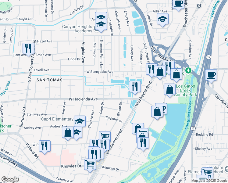 map of restaurants, bars, coffee shops, grocery stores, and more near 1134 Capri Drive in Campbell