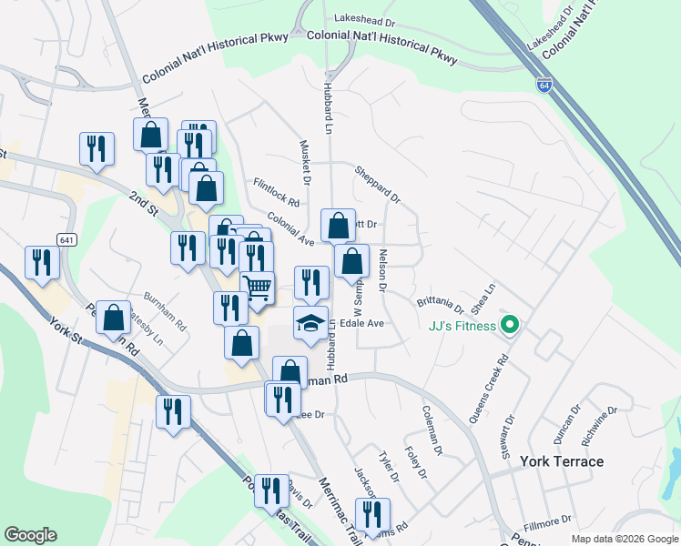 map of restaurants, bars, coffee shops, grocery stores, and more near 224 Hubbard Lane in Williamsburg