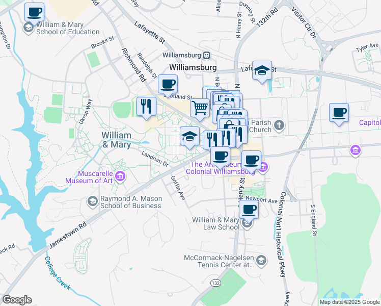 map of restaurants, bars, coffee shops, grocery stores, and more near in Williamsburg