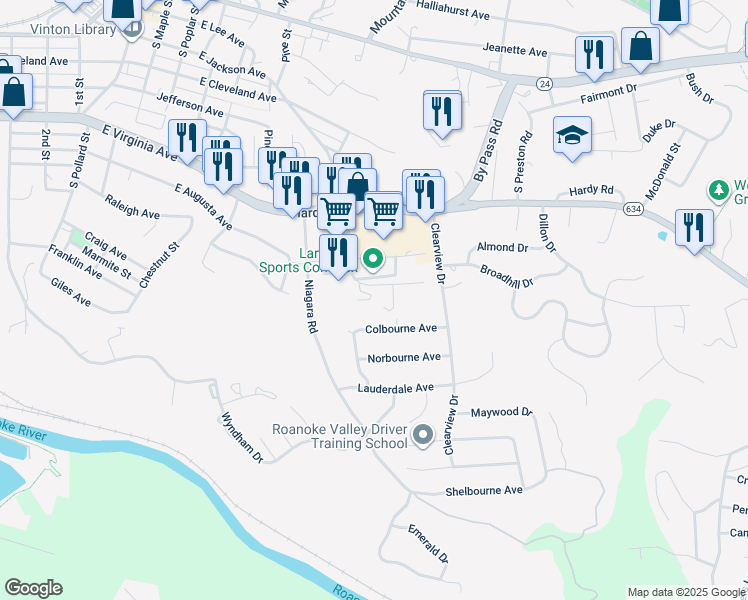 map of restaurants, bars, coffee shops, grocery stores, and more near 1150 Vinyard Road in Vinton