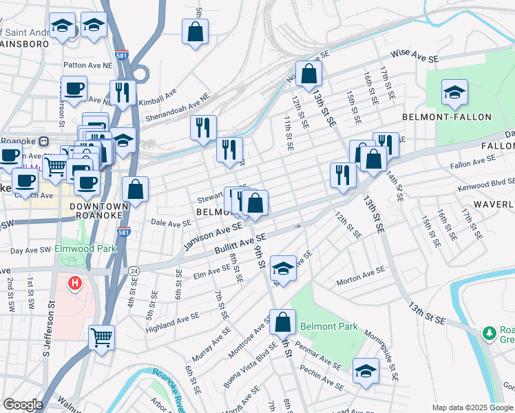 map of restaurants, bars, coffee shops, grocery stores, and more near 414 9th Street Southeast in Roanoke