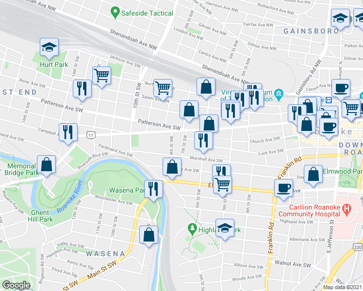 map of restaurants, bars, coffee shops, grocery stores, and more near 706 Campbell Avenue Southwest in Roanoke