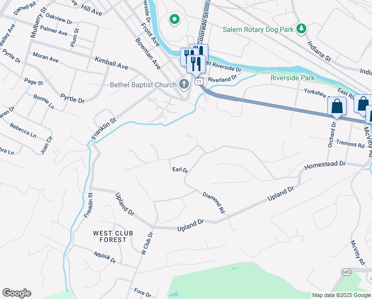 map of restaurants, bars, coffee shops, grocery stores, and more near 401 Homeplace Drive in Salem