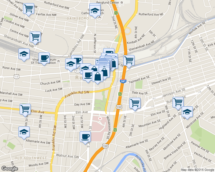 map of restaurants, bars, coffee shops, grocery stores, and more near 110 Franklin Road Southeast in Roanoke