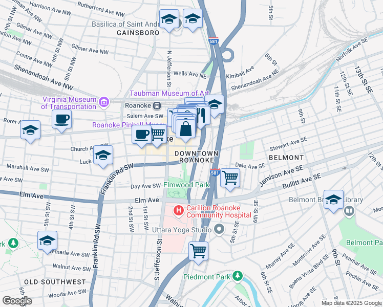 map of restaurants, bars, coffee shops, grocery stores, and more near 110 Franklin Road Southeast in Roanoke