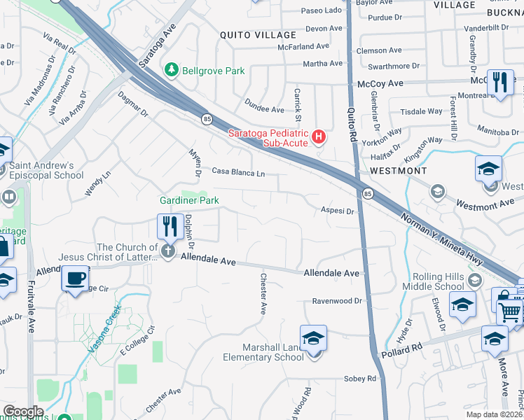 map of restaurants, bars, coffee shops, grocery stores, and more near 13638 Riverdale Court in Saratoga