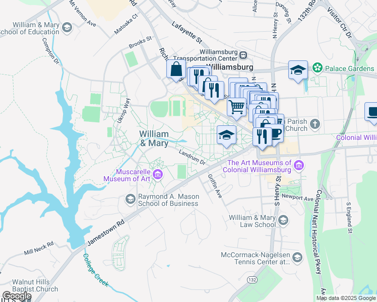 map of restaurants, bars, coffee shops, grocery stores, and more near 601 Landrum Drive in Williamsburg
