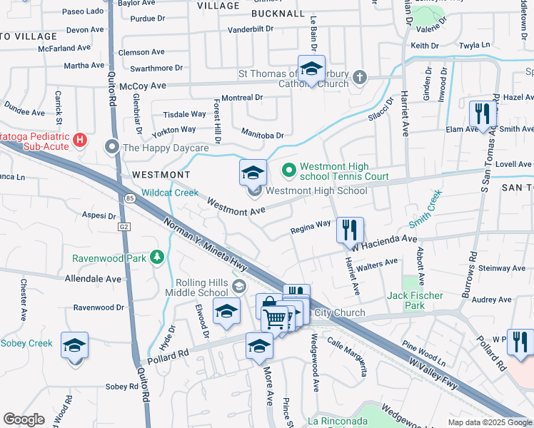 map of restaurants, bars, coffee shops, grocery stores, and more near 4776 Westmont Avenue in Campbell