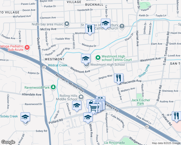 map of restaurants, bars, coffee shops, grocery stores, and more near 4776 Westmont Avenue in Campbell