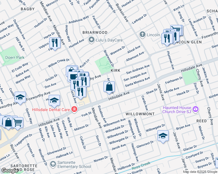map of restaurants, bars, coffee shops, grocery stores, and more near 3092 Calzar Drive in San Jose
