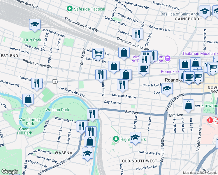 map of restaurants, bars, coffee shops, grocery stores, and more near 501 7th Street Southwest in Roanoke