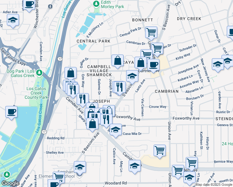 map of restaurants, bars, coffee shops, grocery stores, and more near 2231 Fazeli Court in Campbell