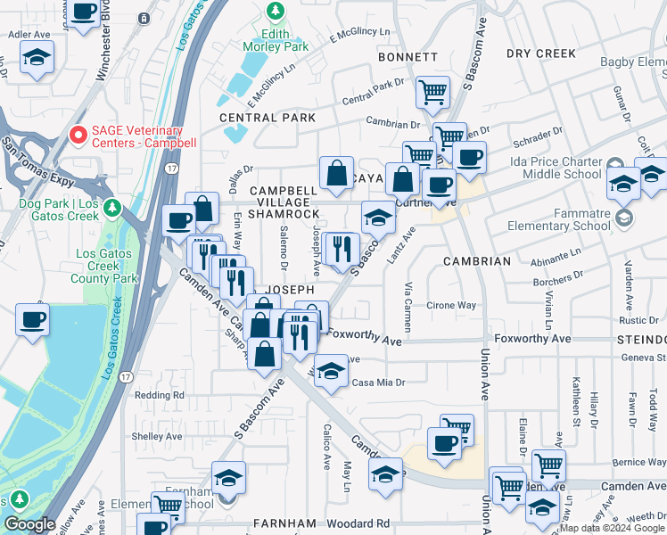 map of restaurants, bars, coffee shops, grocery stores, and more near 2231 Fazeli Court in Campbell