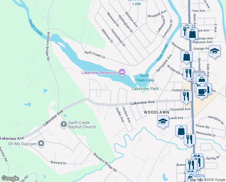 map of restaurants, bars, coffee shops, grocery stores, and more near 122 Lakeside Drive in Colonial Heights