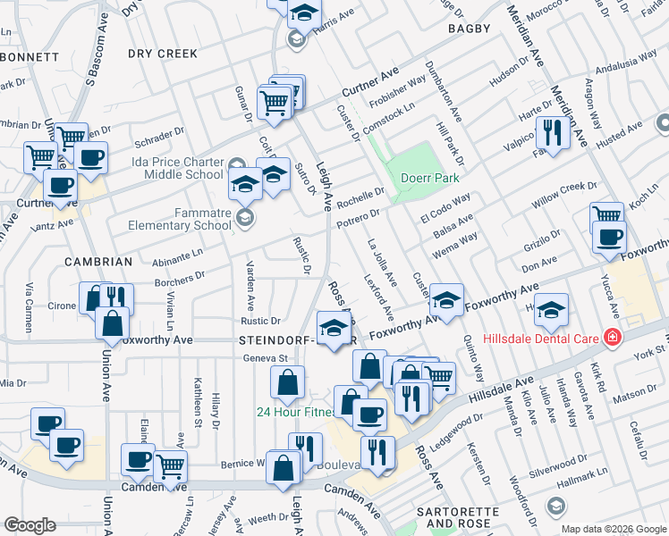 map of restaurants, bars, coffee shops, grocery stores, and more near 1844 Mesita Way in San Jose