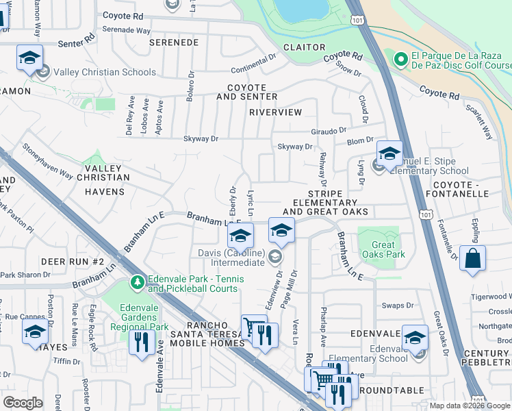 map of restaurants, bars, coffee shops, grocery stores, and more near 305 Otono Court in San Jose