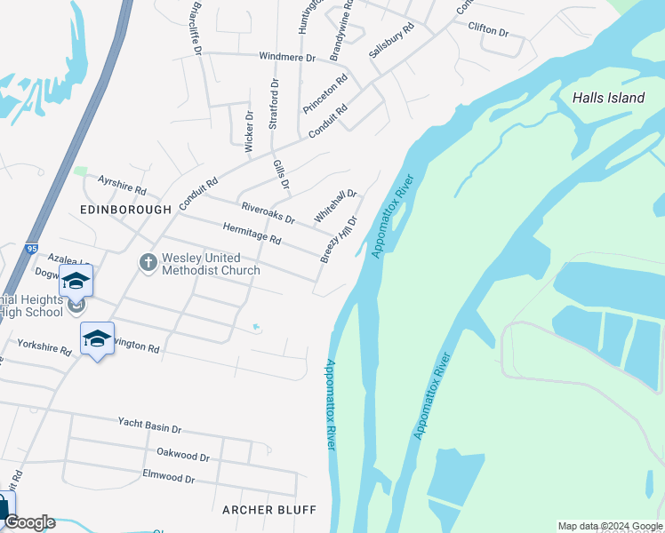 map of restaurants, bars, coffee shops, grocery stores, and more near 109 Breezy Hill Drive in Colonial Heights