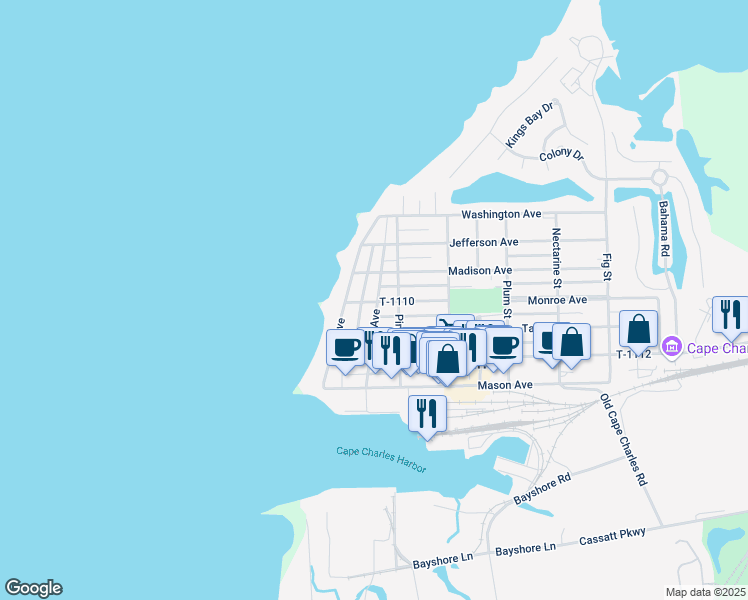map of restaurants, bars, coffee shops, grocery stores, and more near 306 Bay Avenue in Cape Charles