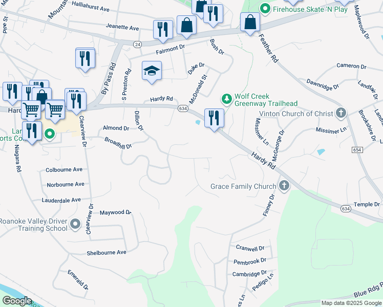 map of restaurants, bars, coffee shops, grocery stores, and more near 838 Dillon Drive in Vinton