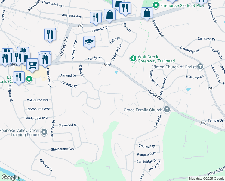map of restaurants, bars, coffee shops, grocery stores, and more near 838 Dillon Drive in Vinton