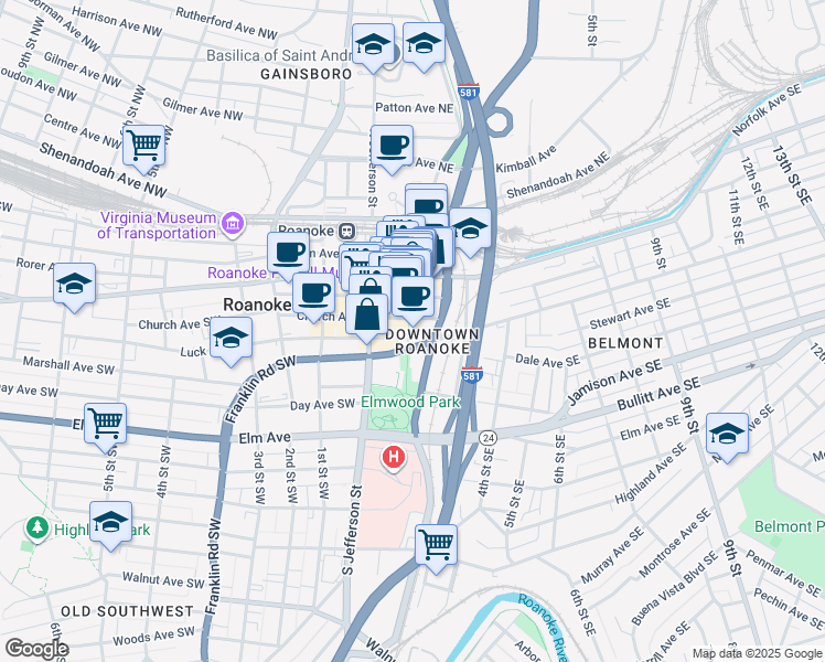 map of restaurants, bars, coffee shops, grocery stores, and more near in Roanoke