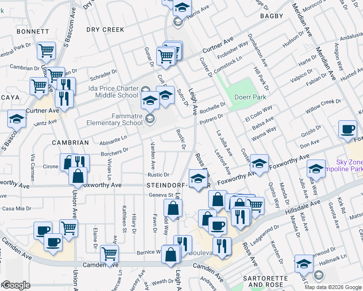 map of restaurants, bars, coffee shops, grocery stores, and more near 2832 Rustic Drive in San Jose