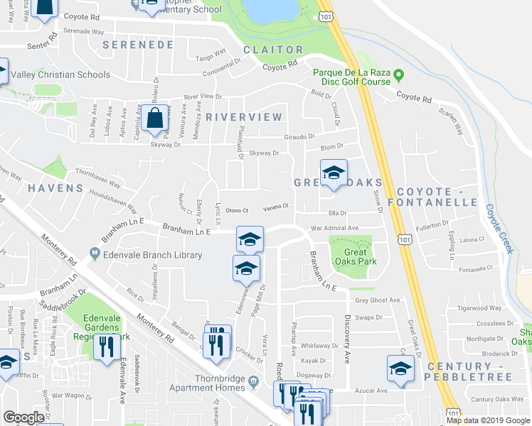 map of restaurants, bars, coffee shops, grocery stores, and more near 486 Verano Court in San Jose