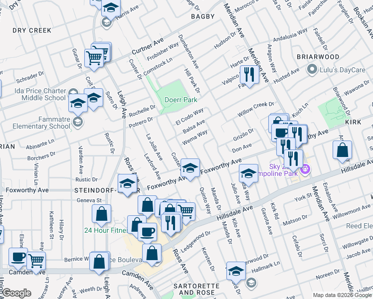 map of restaurants, bars, coffee shops, grocery stores, and more near 1786 Wema Way in San Jose