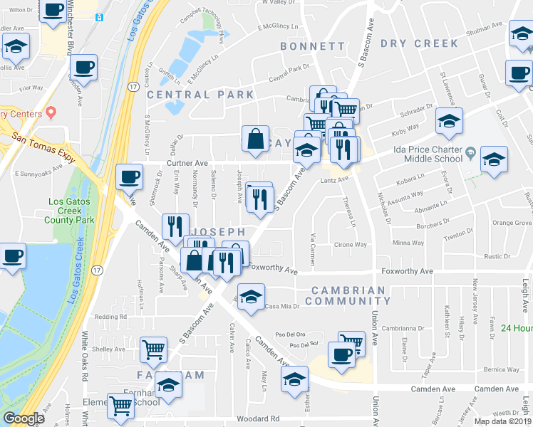 map of restaurants, bars, coffee shops, grocery stores, and more near 2871 South Bascom Avenue in San Jose