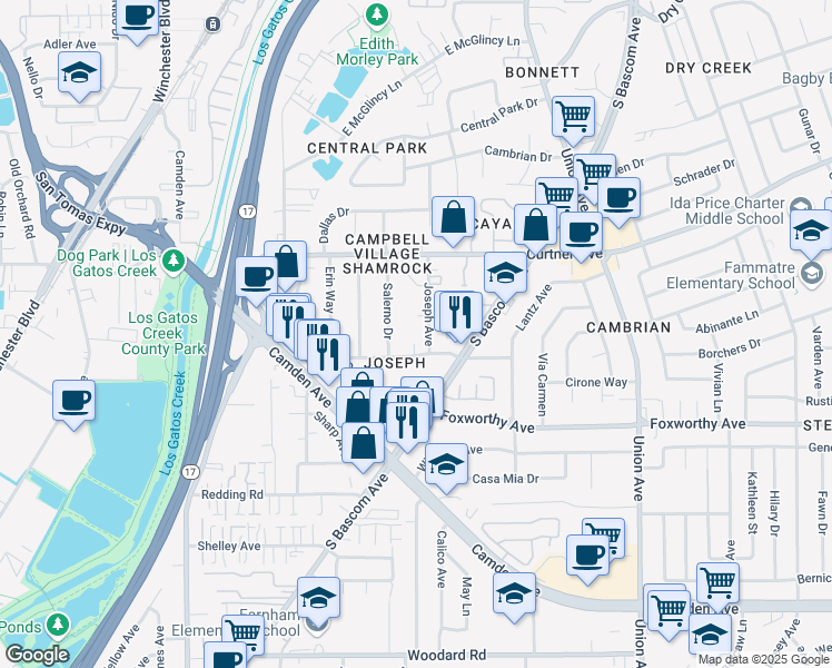 map of restaurants, bars, coffee shops, grocery stores, and more near 2842 Joseph Avenue in Campbell