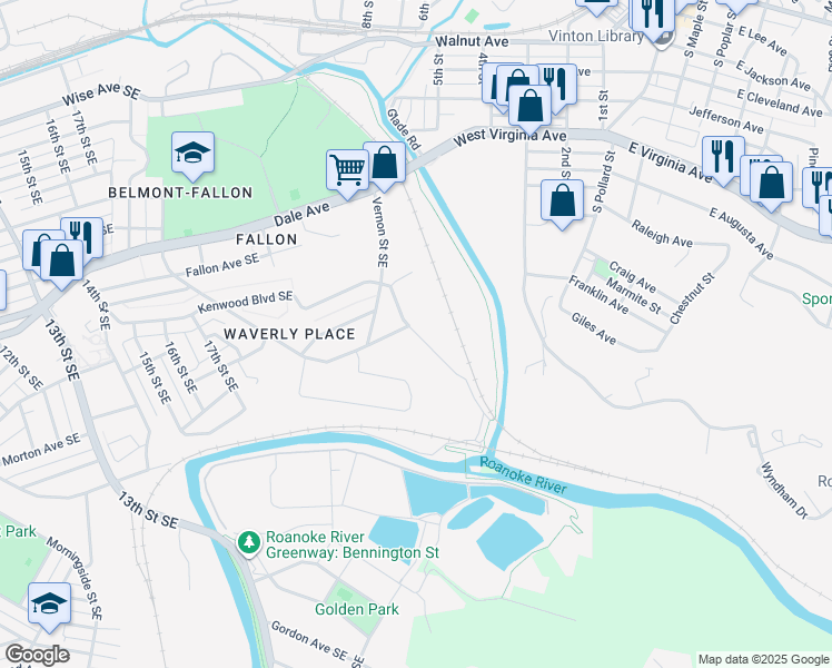 map of restaurants, bars, coffee shops, grocery stores, and more near 2111-2199 Kenwood Boulevard in Roanoke