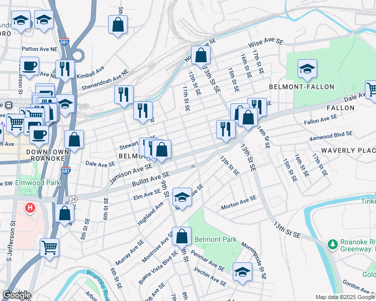map of restaurants, bars, coffee shops, grocery stores, and more near 519-559 11th Street Southeast in Roanoke