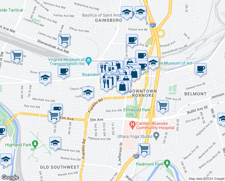 map of restaurants, bars, coffee shops, grocery stores, and more near in Roanoke