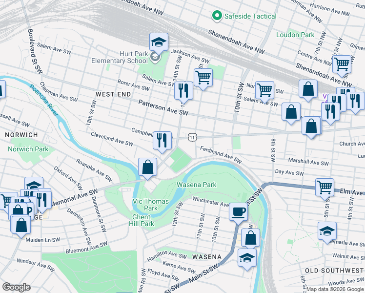 map of restaurants, bars, coffee shops, grocery stores, and more near 1230 Campbell Avenue Southwest in Roanoke