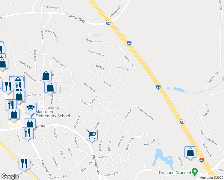 map of restaurants, bars, coffee shops, grocery stores, and more near 402 Napa Court in Williamsburg