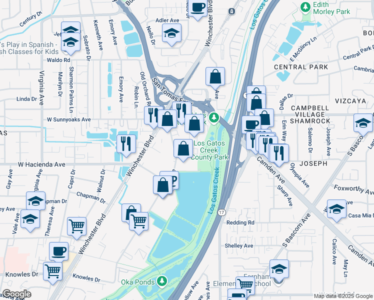 map of restaurants, bars, coffee shops, grocery stores, and more near 1099 Ellen Way in Campbell
