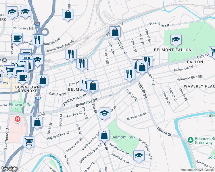 map of restaurants, bars, coffee shops, grocery stores, and more near 519-559 11th Street Southeast in Roanoke