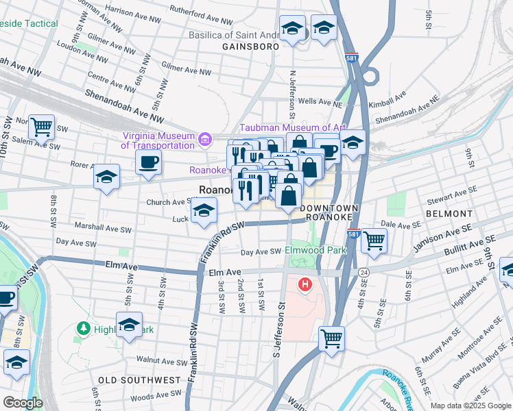 map of restaurants, bars, coffee shops, grocery stores, and more near 411 1st Street Southwest in Roanoke
