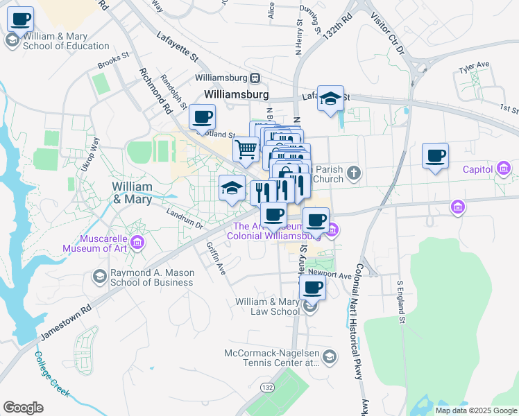 map of restaurants, bars, coffee shops, grocery stores, and more near 36 Jamestown Road in Williamsburg
