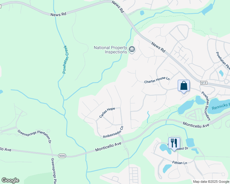 map of restaurants, bars, coffee shops, grocery stores, and more near 4075 Ambassador Circle in Williamsburg