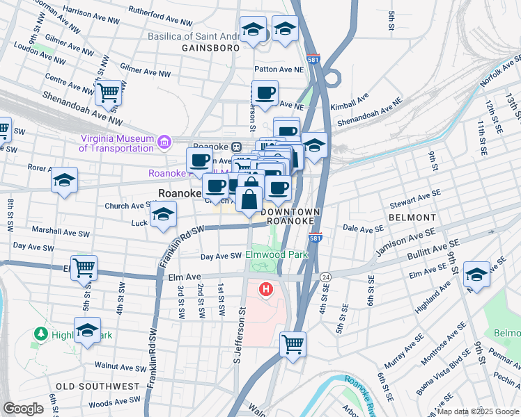 map of restaurants, bars, coffee shops, grocery stores, and more near 13 Church Avenue Southeast in Roanoke