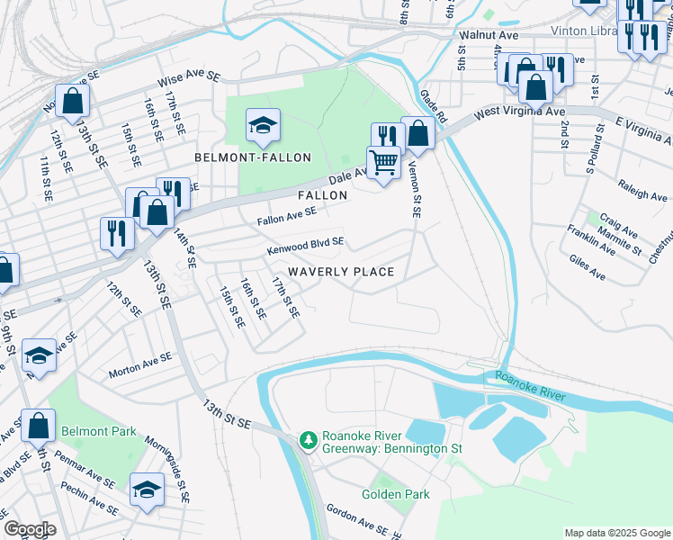 map of restaurants, bars, coffee shops, grocery stores, and more near 1814 Greenbrier Avenue Southeast in Roanoke