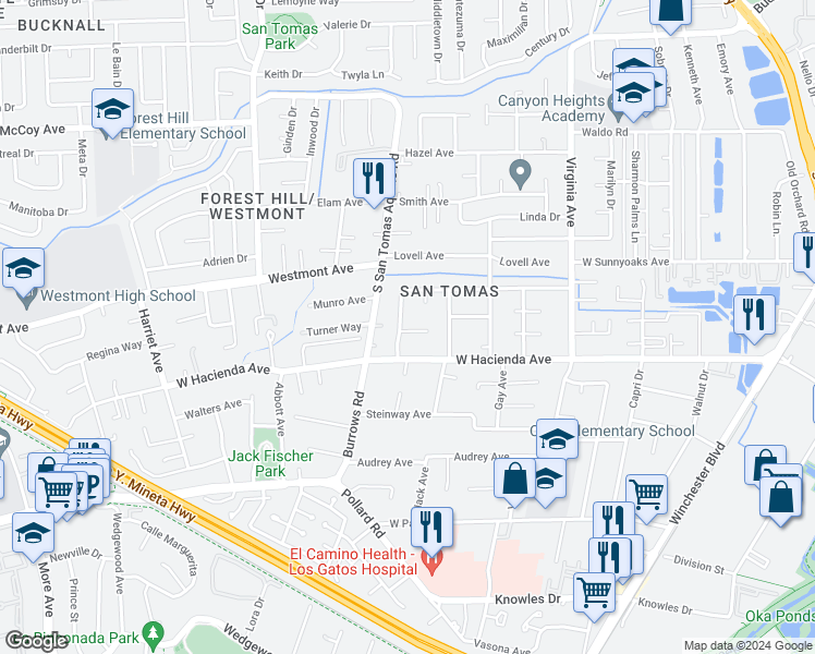 map of restaurants, bars, coffee shops, grocery stores, and more near 1183 Glenblair Way in Campbell