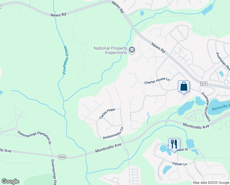 map of restaurants, bars, coffee shops, grocery stores, and more near 4075 Ambassador Circle in Williamsburg