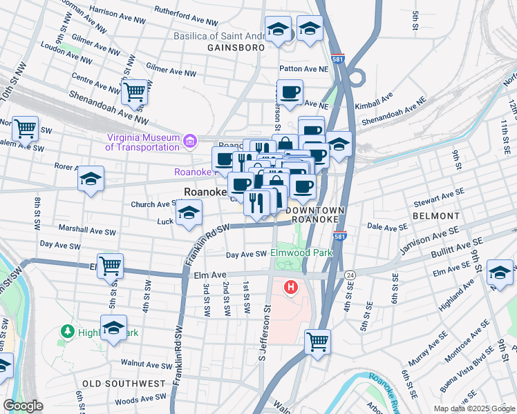 map of restaurants, bars, coffee shops, grocery stores, and more near in Roanoke