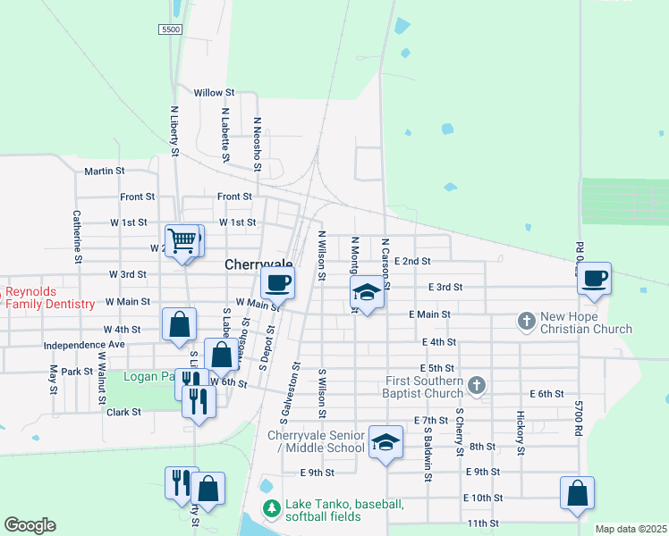 map of restaurants, bars, coffee shops, grocery stores, and more near 350-398 East 2nd Street in Cherryvale