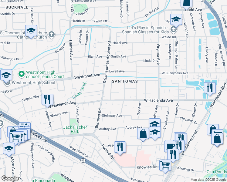 map of restaurants, bars, coffee shops, grocery stores, and more near 1183 Glenblair Way in Campbell